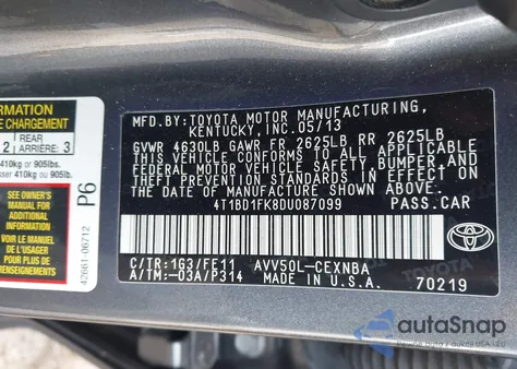 2013 Toyota Camry Hybrid Le from USA, damaged, VIN 4T1BD1FK8DU087099
